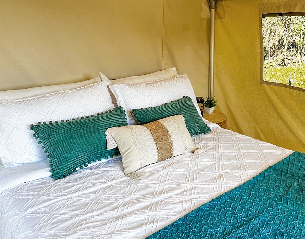 a bed with pillows and a green blanket