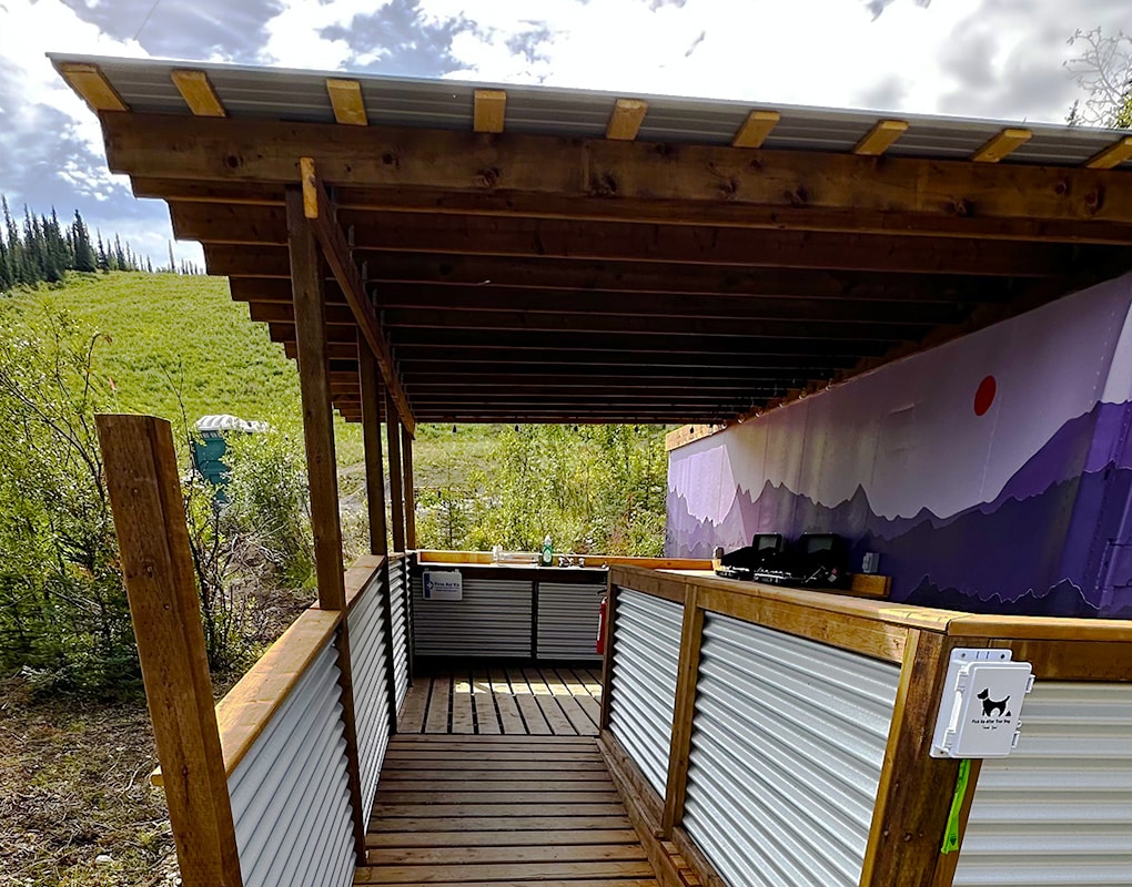 a wooden deck with a wall painted on it