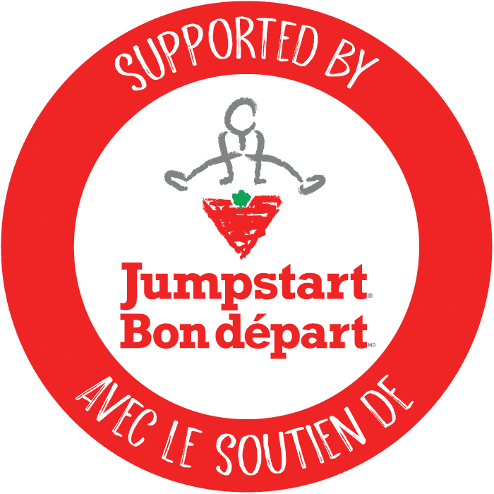 a red and white circle with a drawing of a person jumping on a large red object